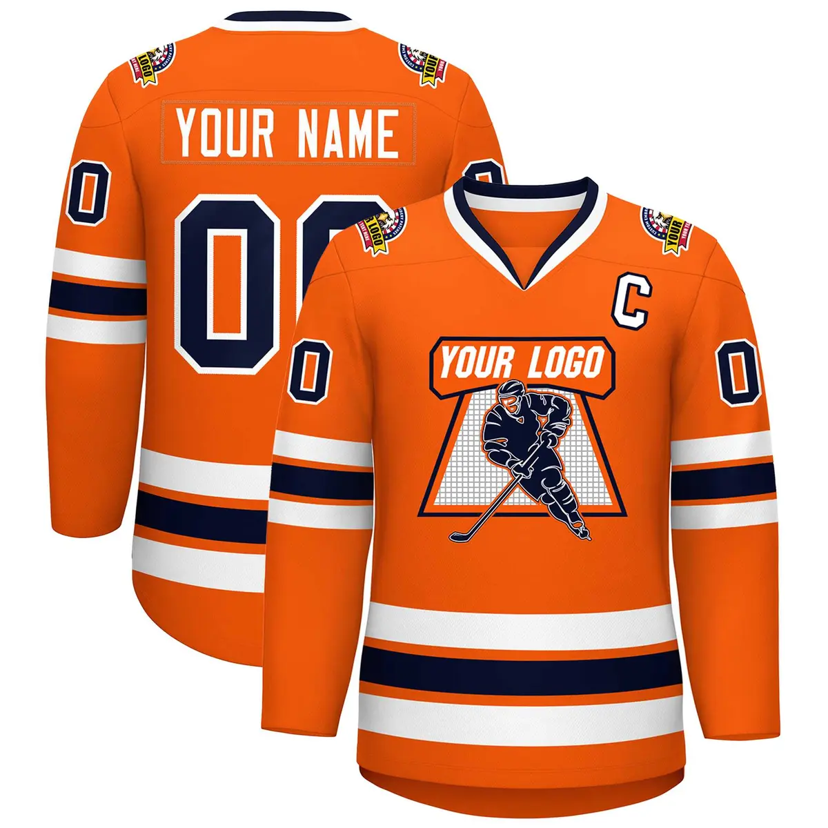 Classic Style Hockey Jersey in Orange Navy-White