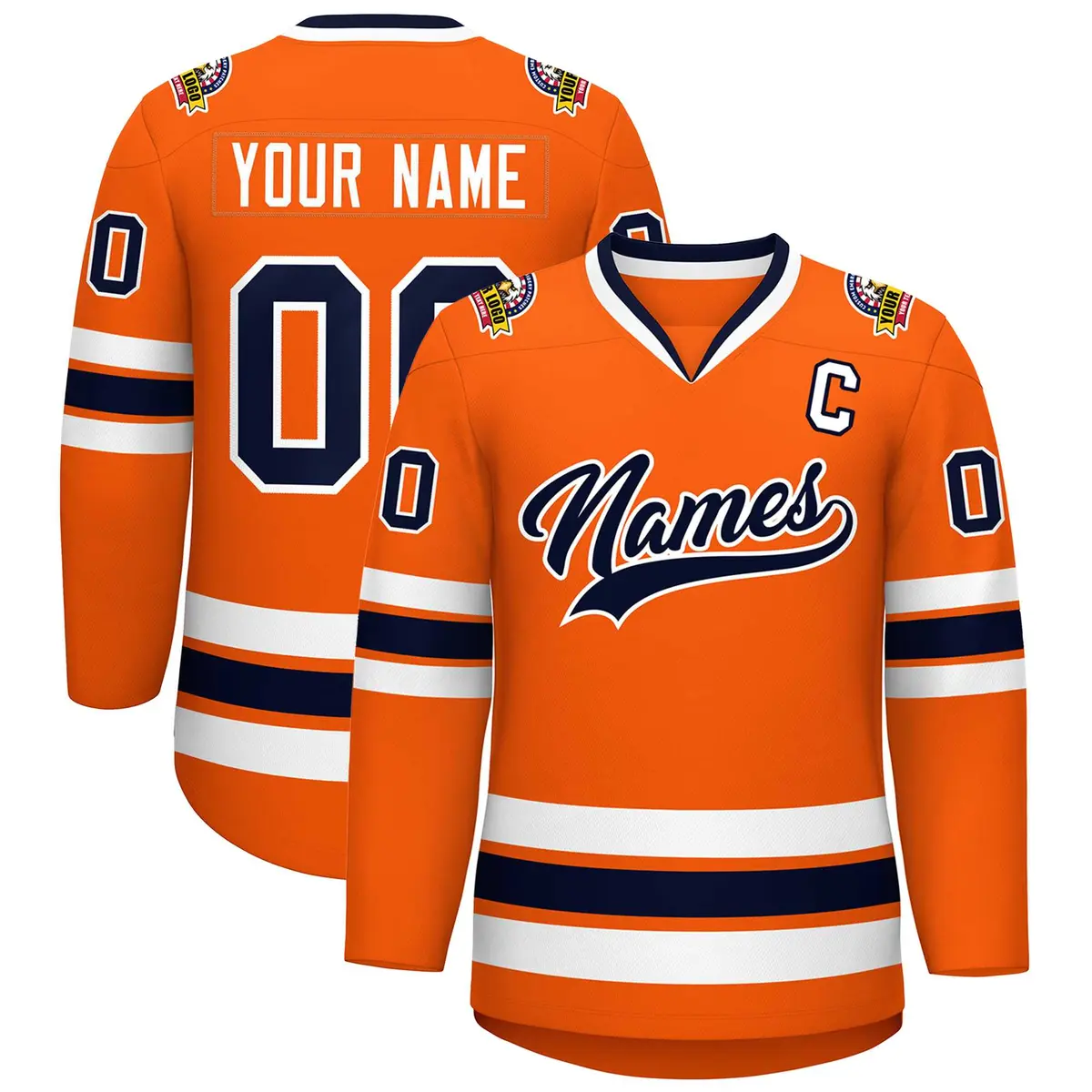Classic Style Hockey Jersey in Orange Navy-White