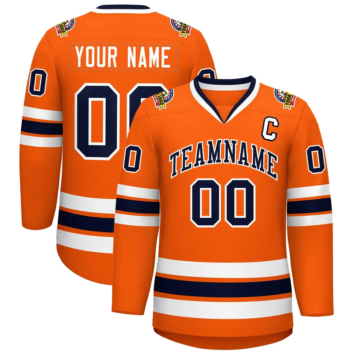 Classic Style Hockey Jersey in Orange Navy-White