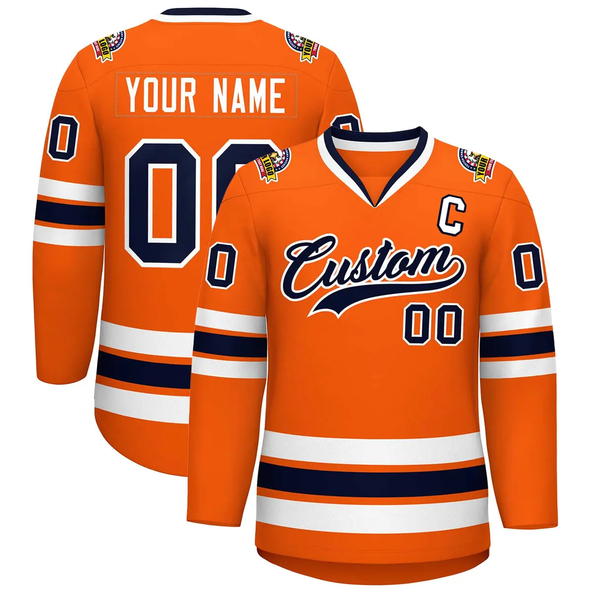 Classic Style Hockey Jersey in Orange Navy-White