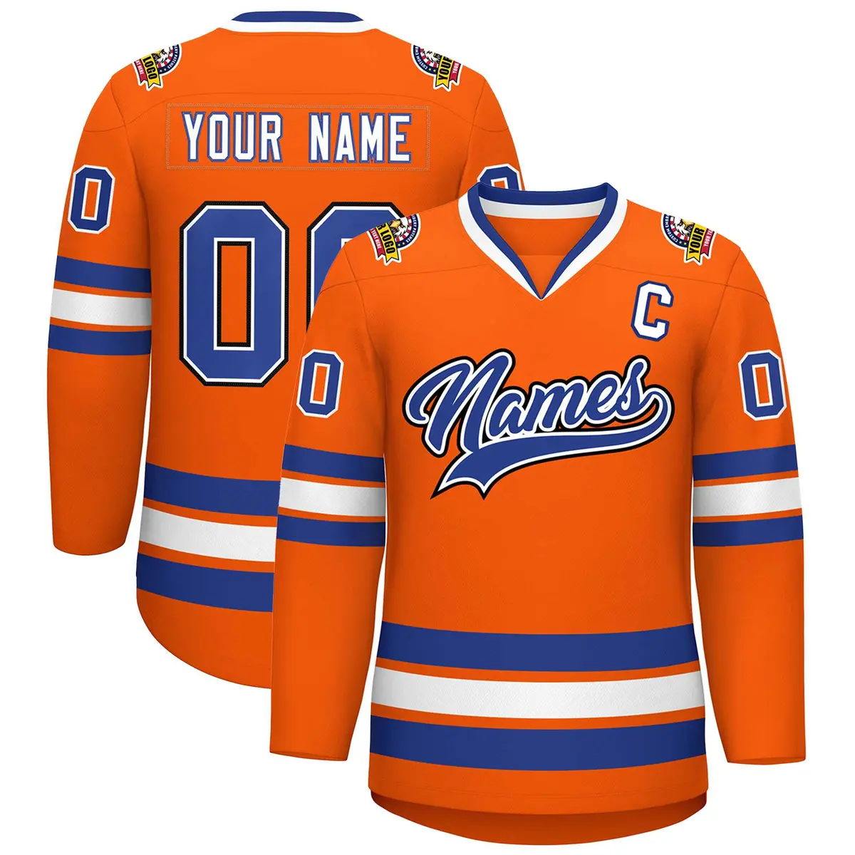 Classic Style Hockey Jersey in Orange Royal White-Black