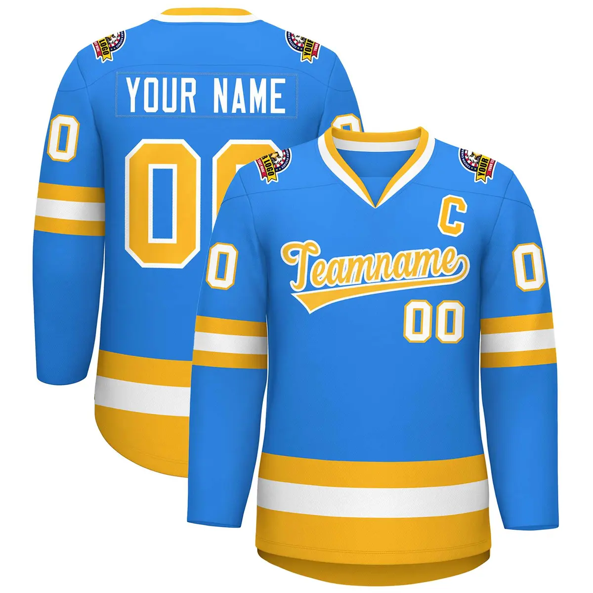 Classic Style Hockey Jersey in Powder Blue Gold-White