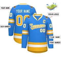 Classic Style Hockey Jersey in Powder Blue Gold-White 2