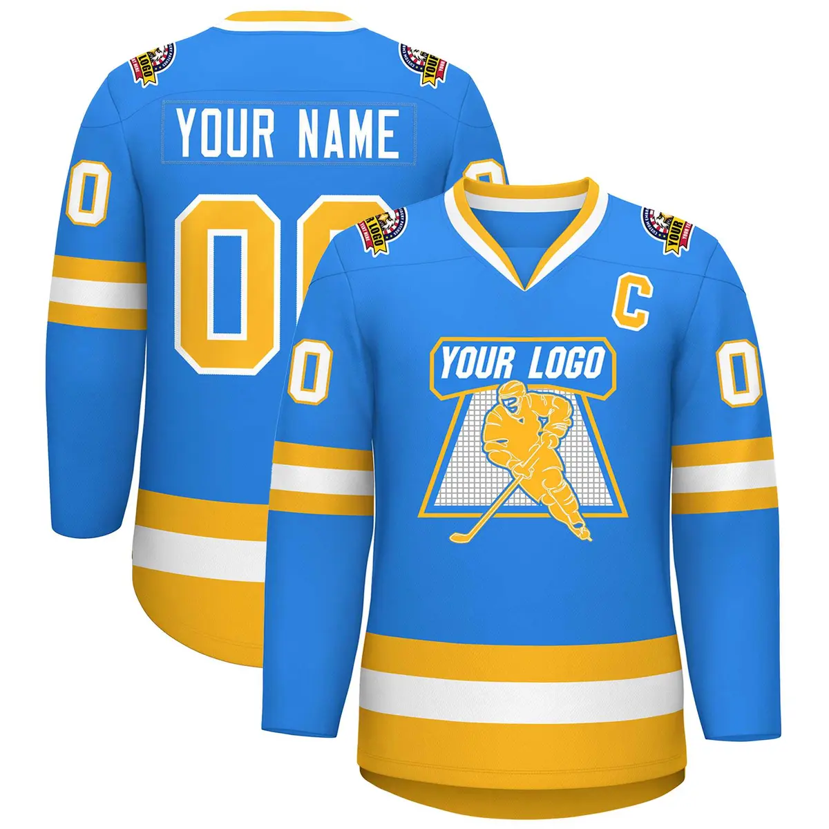 Classic Style Hockey Jersey in Powder Blue Gold-White