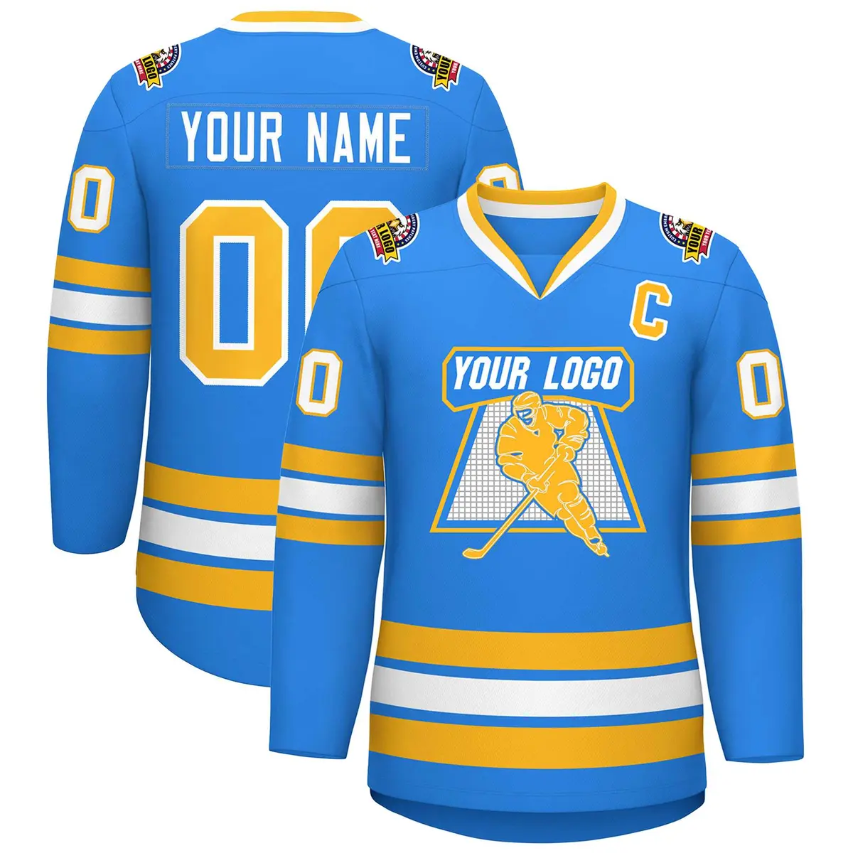 Classic Style Hockey Jersey in Powder Blue Gold-White