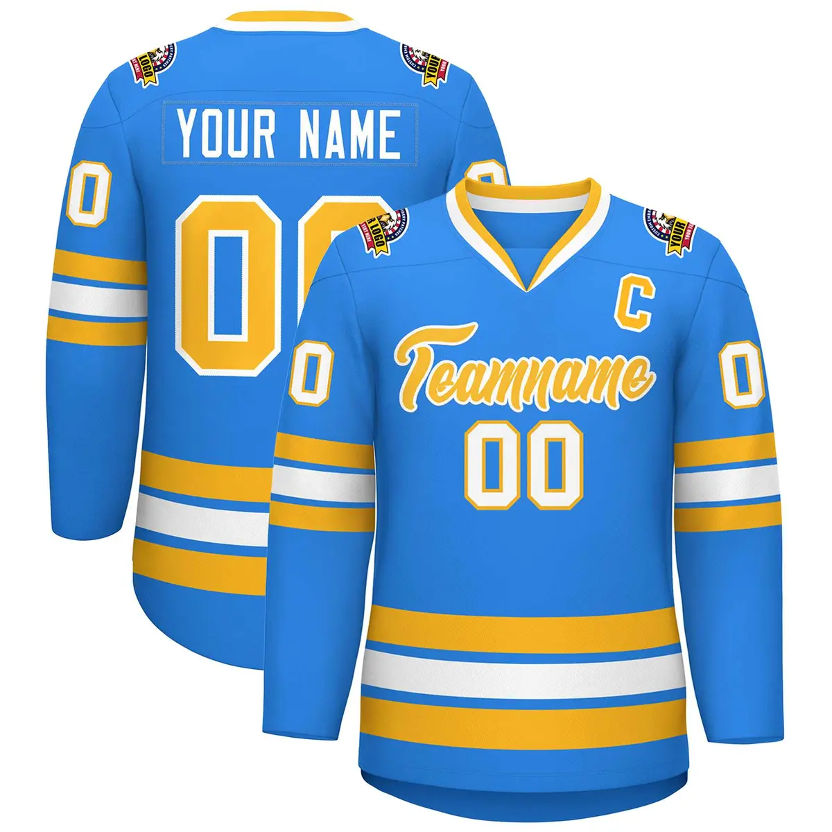 Classic Style Hockey Jersey in Powder Blue Gold-White