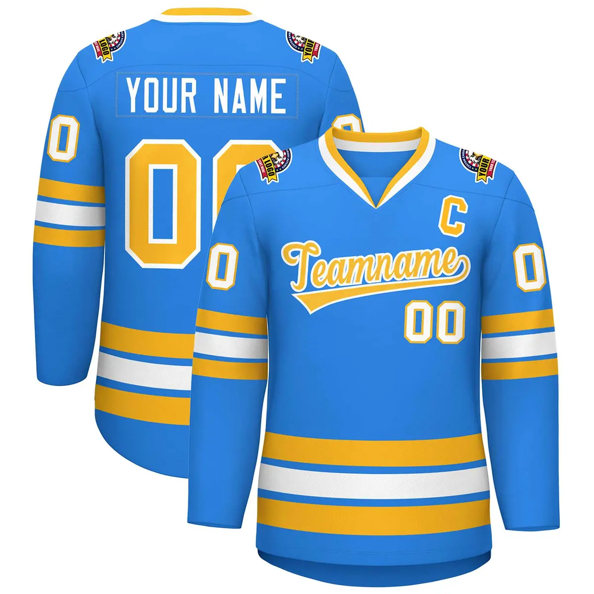 Classic Style Hockey Jersey in Powder Blue Gold-White