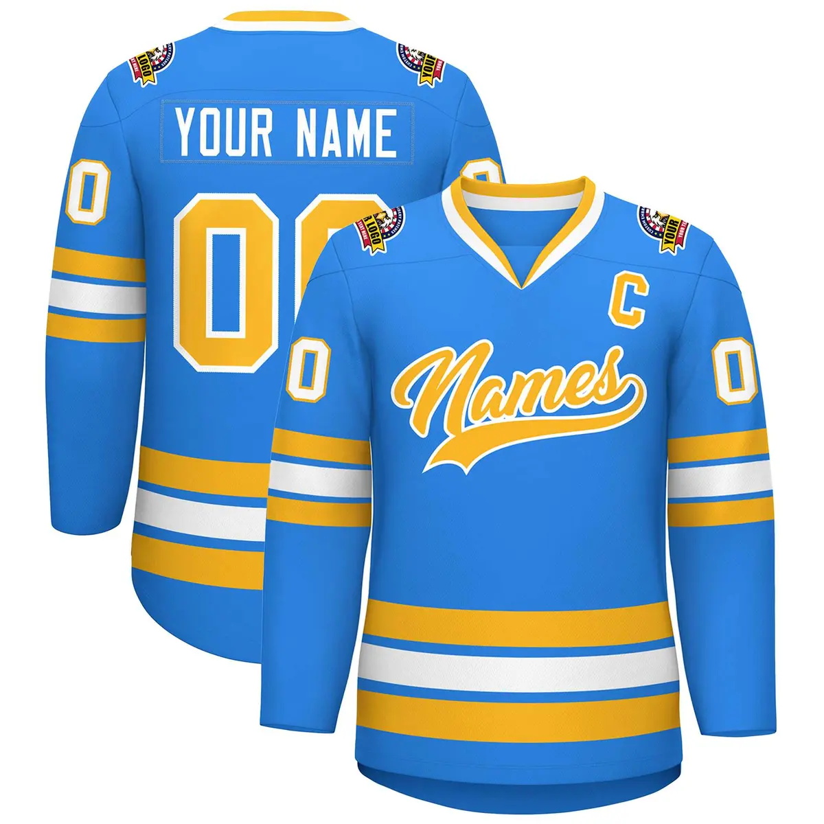Classic Style Hockey Jersey in Powder Blue Gold-White