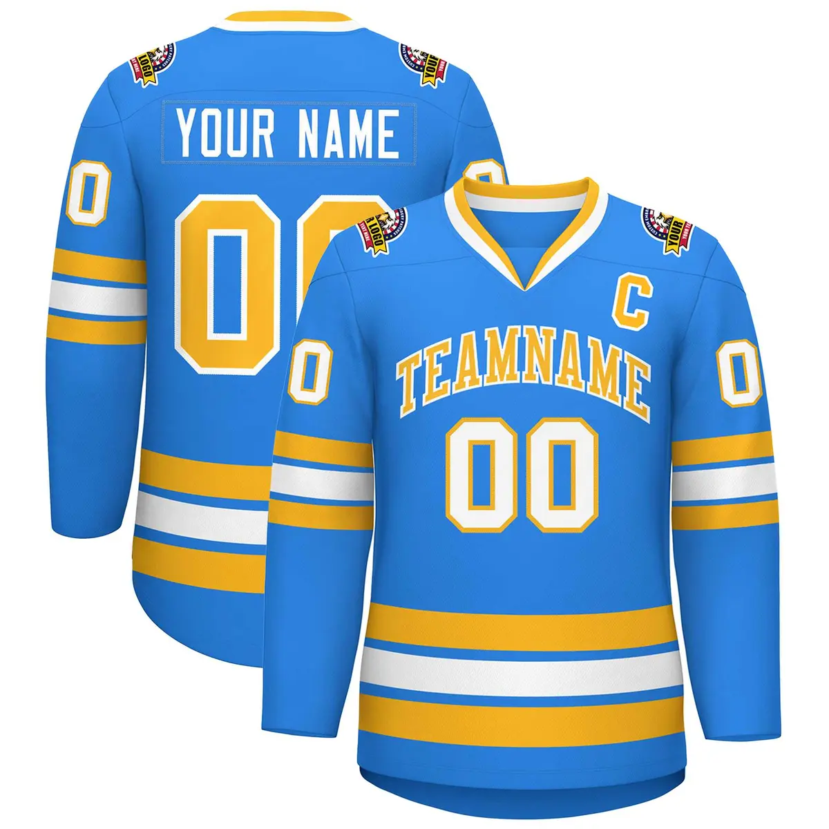 Classic Style Hockey Jersey in Powder Blue Gold-White