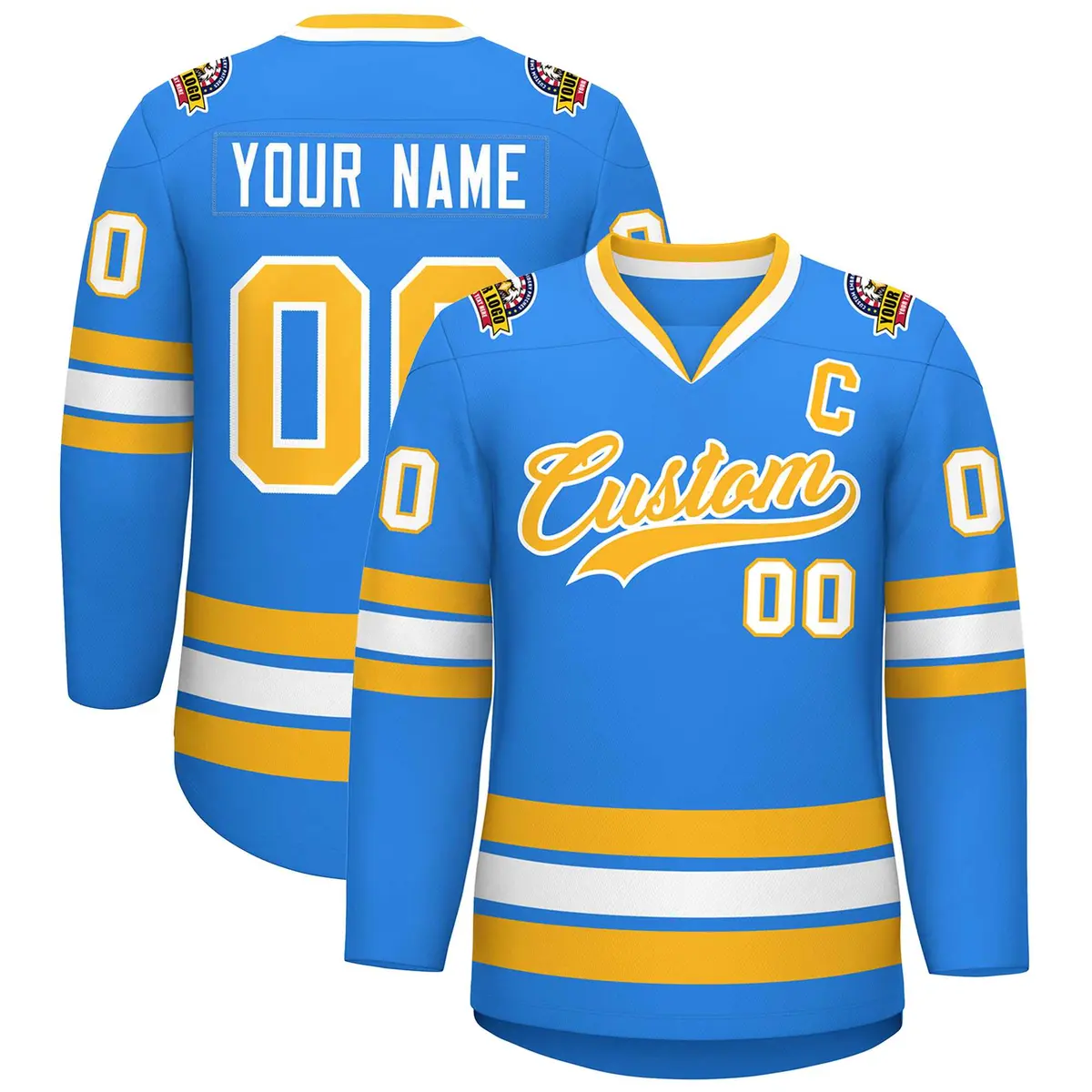 Classic Style Hockey Jersey in Powder Blue Gold-White