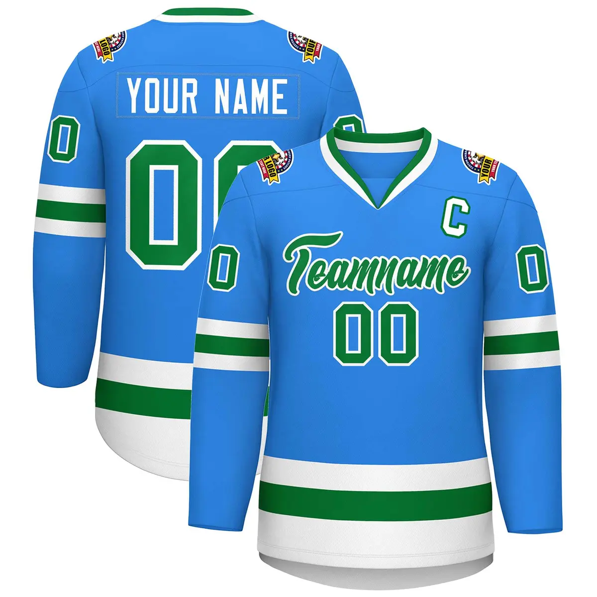 Classic Style Hockey Jersey Powder Blue Kelly Green-White