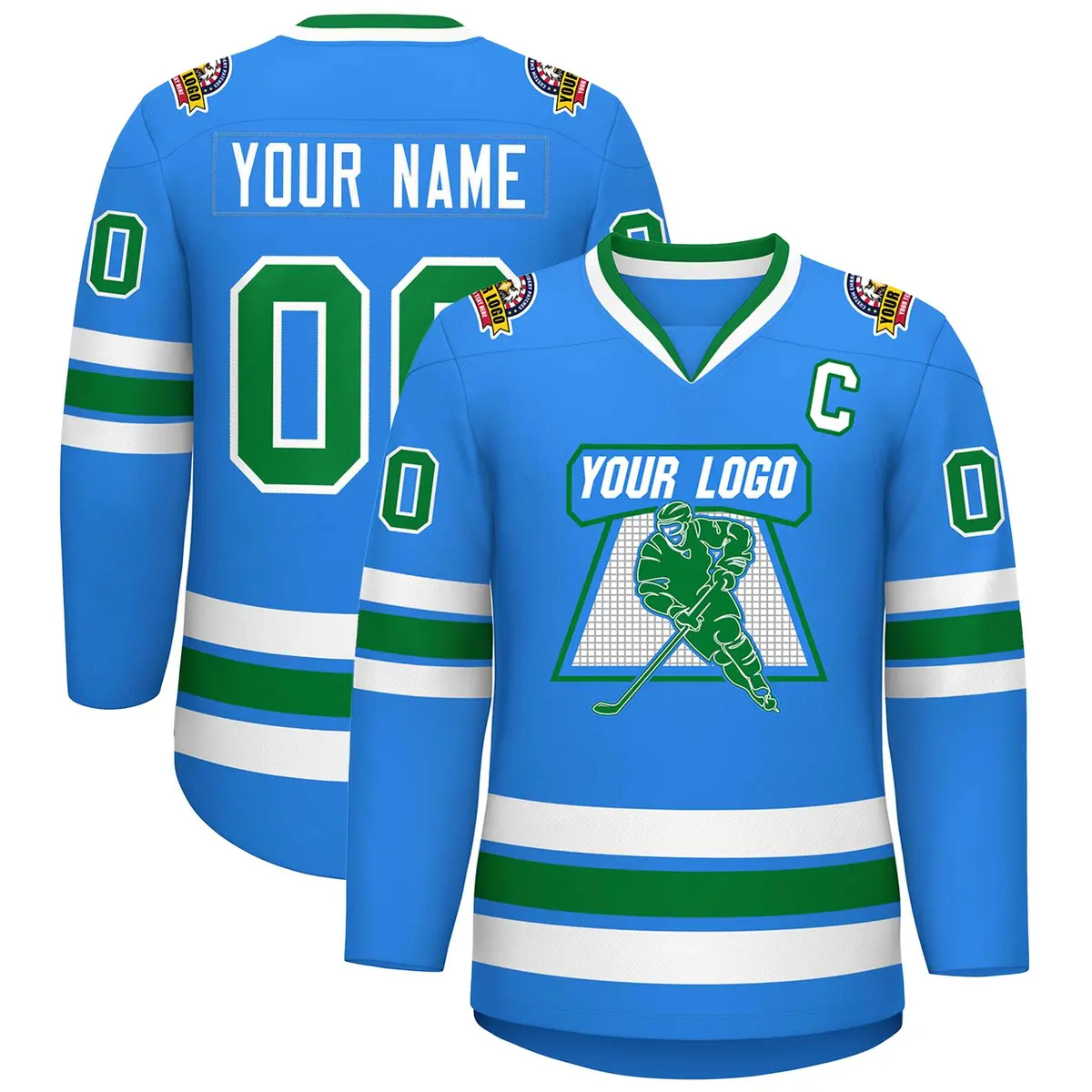 Classic Style Hockey Jersey Powder Blue Kelly Green-White