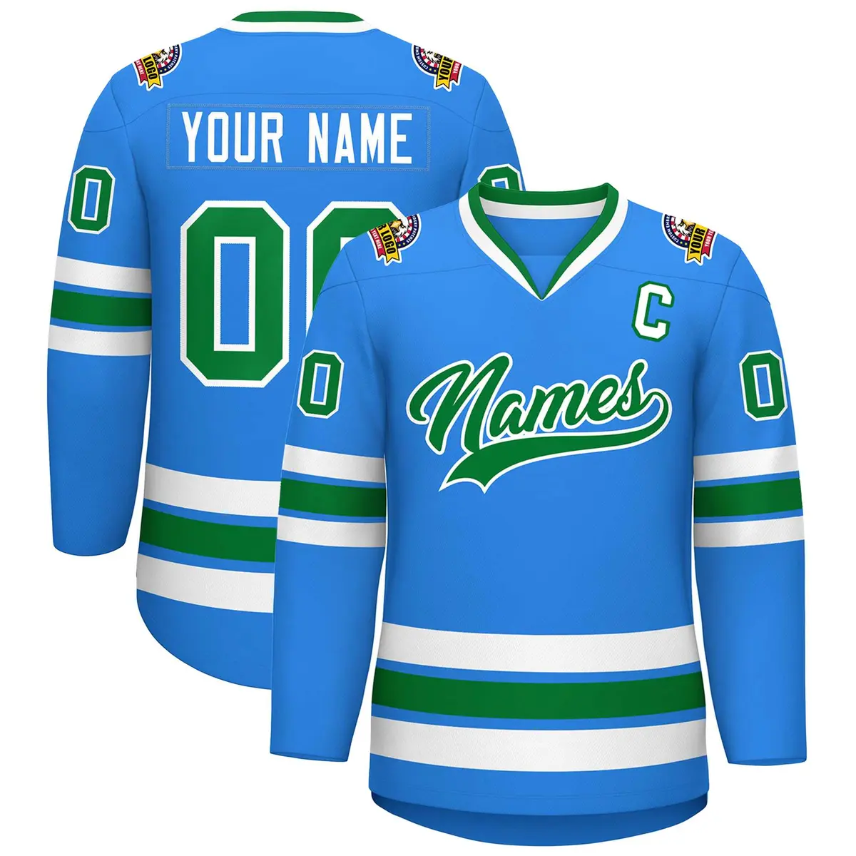 Classic Style Hockey Jersey Powder Blue Kelly Green-White