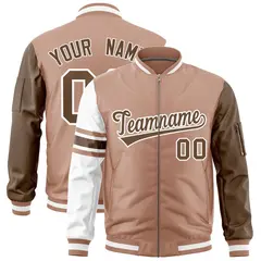 Coffee Brown Light Brown-White Varsity Full-Zip Raglan Stripe Letterman Bomber Jacket 1