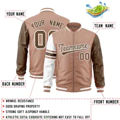 Coffee Brown Light Brown-White Varsity Full-Zip Raglan Stripe Letterman Bomber Jacket 2