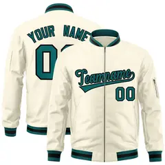 Cream Aqua-Black Varsity Full-Zip Letterman Bomber Jacket 1