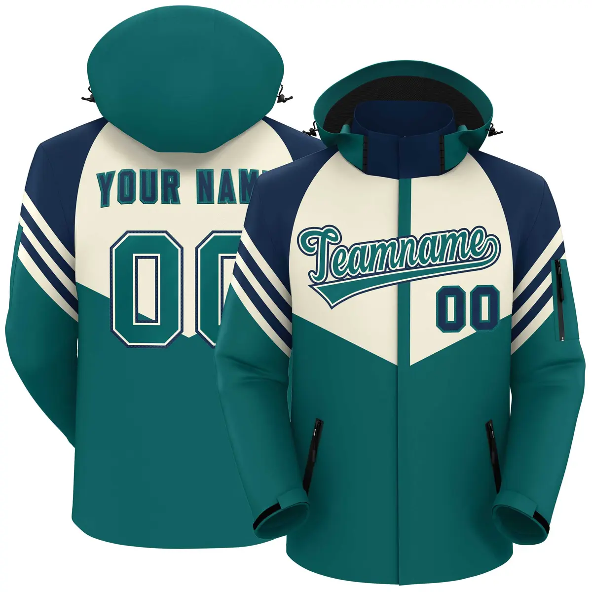 Cream Aqua-Navy Color Block Hooded Outdoor Waterproof Jacket