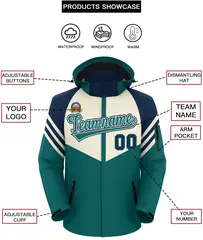 Cream Aqua-Navy Color Block Hooded Outdoor Waterproof Jacket 2