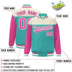 Cream Aqua-Pink Color Block Letterman Varsity Baseball Jacket 2