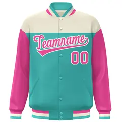 Cream Aqua-Pink Color Block Letterman Varsity Baseball Jacket 3