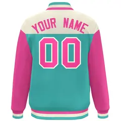 Cream Aqua-Pink Color Block Letterman Varsity Baseball Jacket 4