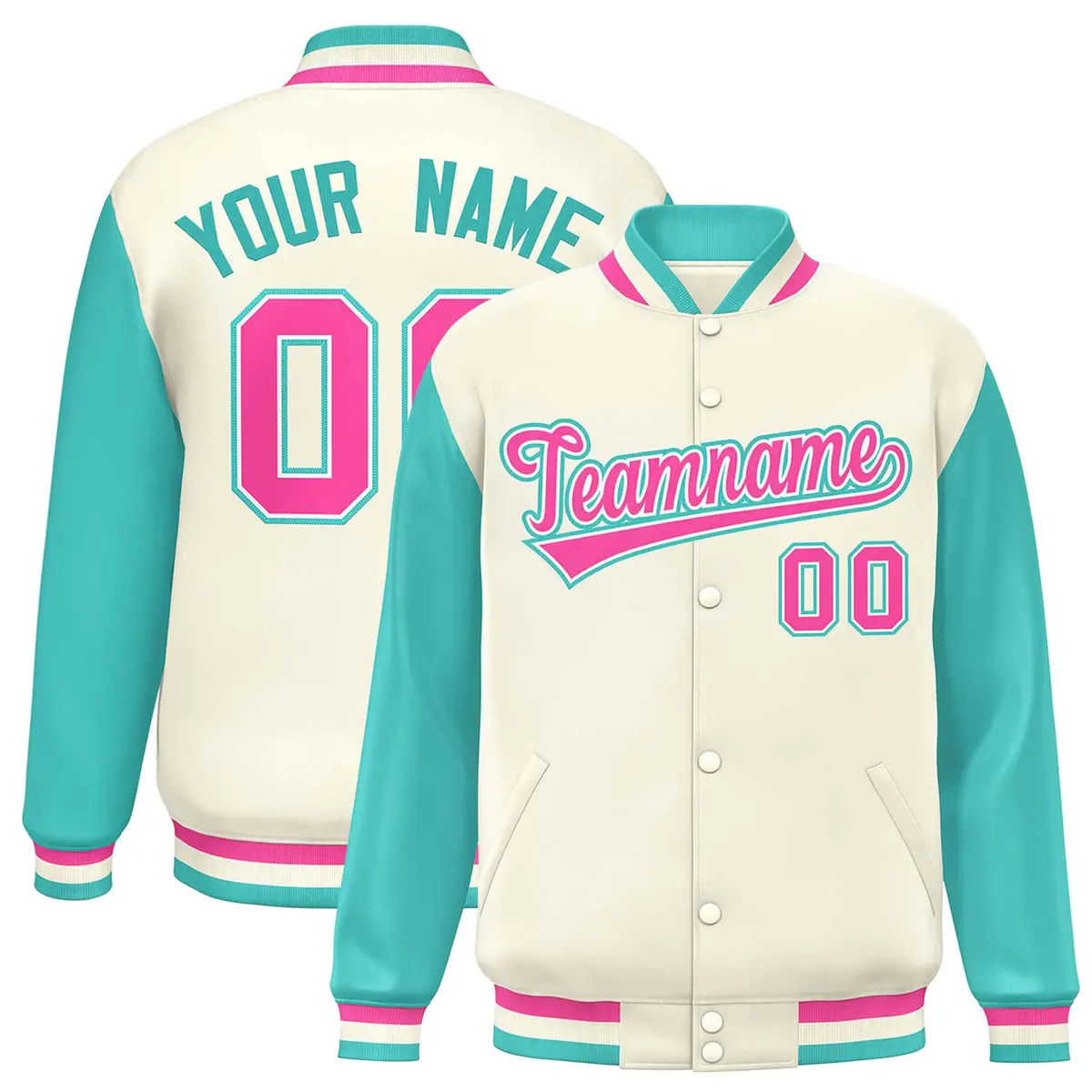 Cream Aqua-Pink Raglan Varsity Full-Snap Letterman Jacket