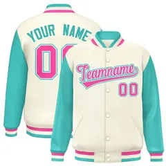 Cream Aqua-Pink Raglan Varsity Full-Snap Letterman Jacket