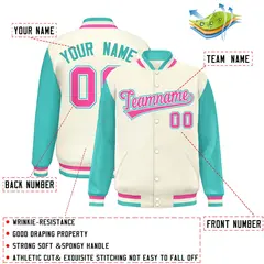 Cream Aqua-Pink Raglan Varsity Full-Snap Letterman Jacket 2