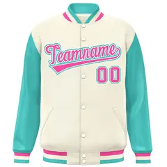 Cream Aqua-Pink Raglan Varsity Full-Snap Letterman Jacket 3