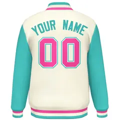 Cream Aqua-Pink Raglan Varsity Full-Snap Letterman Jacket 4