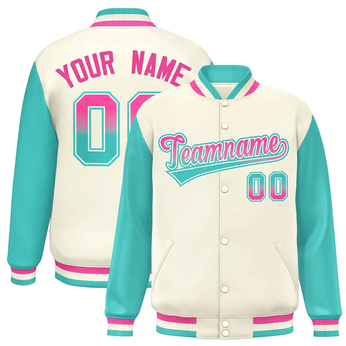 Cream Aqua Raglan Sleeves Varsity Full-Snap Letterman Baseball Jacket