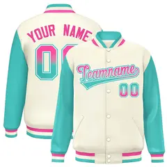 Cream Aqua Raglan Sleeves Varsity Full-Snap Letterman Baseball Jacket