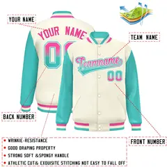 Cream Aqua Raglan Sleeves Varsity Full-Snap Letterman Baseball Jacket 2