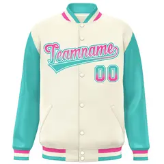 Cream Aqua Raglan Sleeves Varsity Full-Snap Letterman Baseball Jacket 3