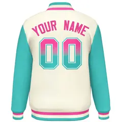 Cream Aqua Raglan Sleeves Varsity Full-Snap Letterman Baseball Jacket 4