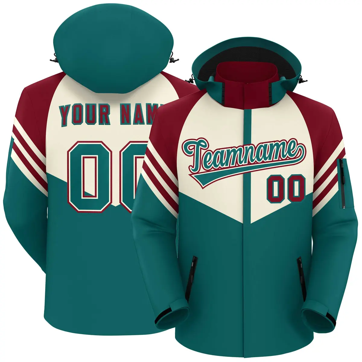 Cream Aqua-Red Color Block Hooded Outdoor Waterproof Jacket
