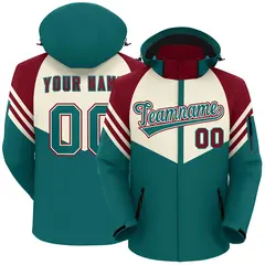 Cream Aqua-Red Color Block Hooded Outdoor Waterproof Jacket