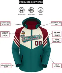 Cream Aqua-Red Color Block Hooded Outdoor Waterproof Jacket 2