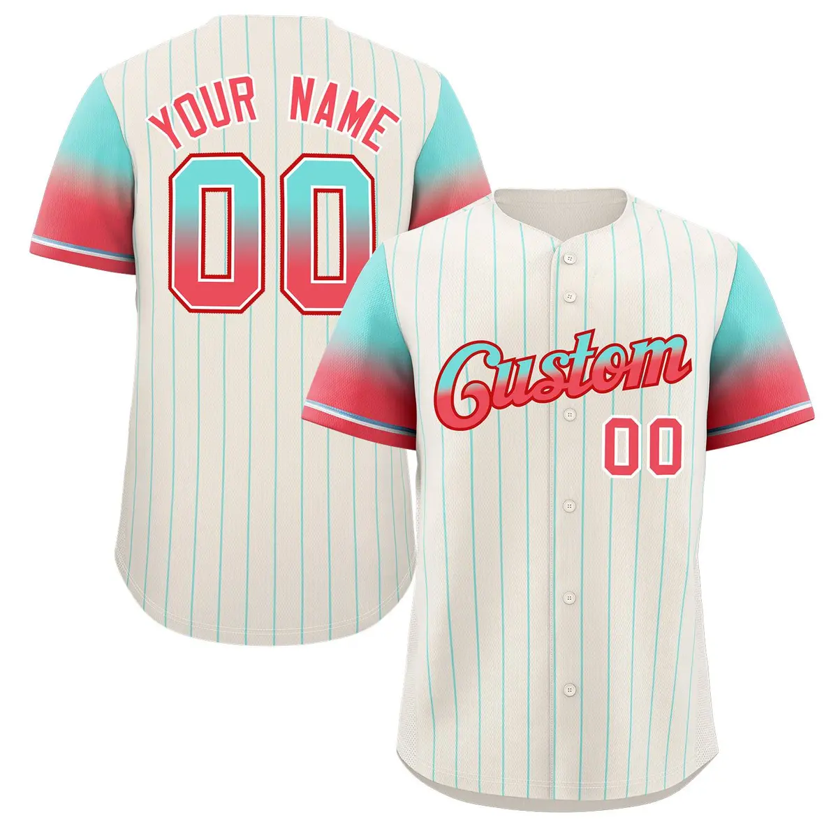 Cream Aqua-Red Stripe Gradient Baseball Jersey