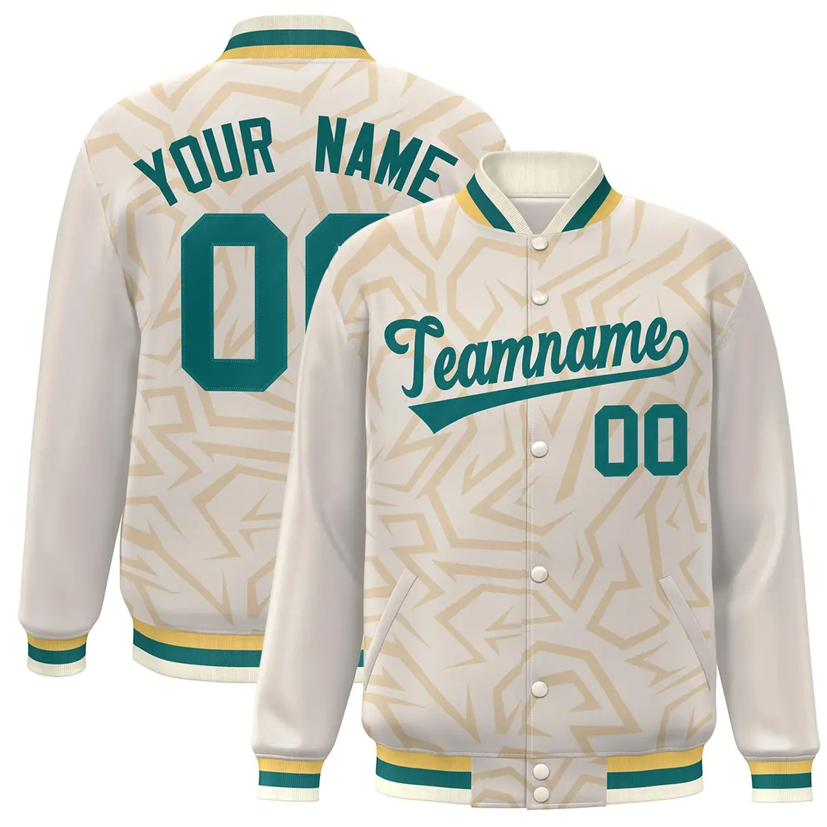 Cream Aqua Stripe Graffiti Pattern Varsity Full-Snap Jacket