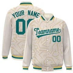 Cream Aqua Stripe Graffiti Pattern Varsity Full-Snap Jacket
