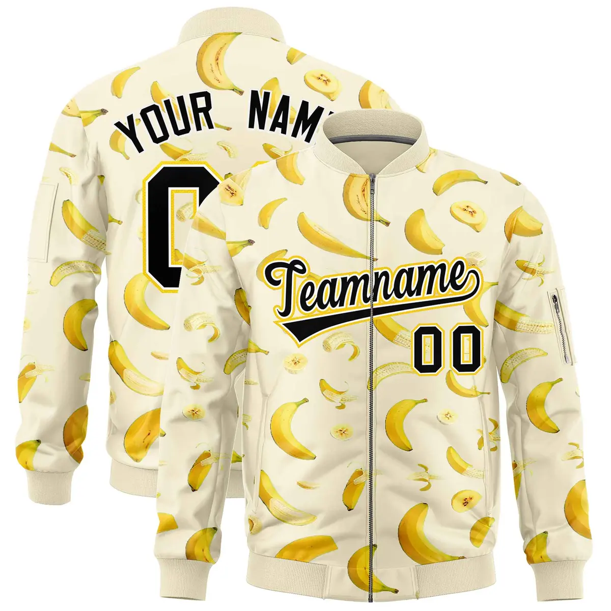 Cream Banana Pattern Varsity Letterman Bomber Jacket