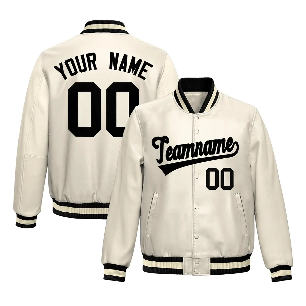 Cream Black Full-Snap Faux Leather Varsity Letterman Jacket