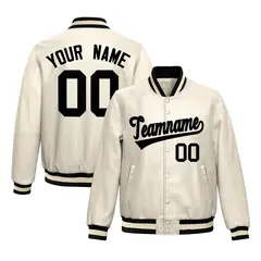 Cream Black Full-Snap Faux Leather Varsity Letterman Jacket 1