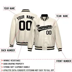Cream Black Full-Snap Faux Leather Varsity Letterman Jacket 2