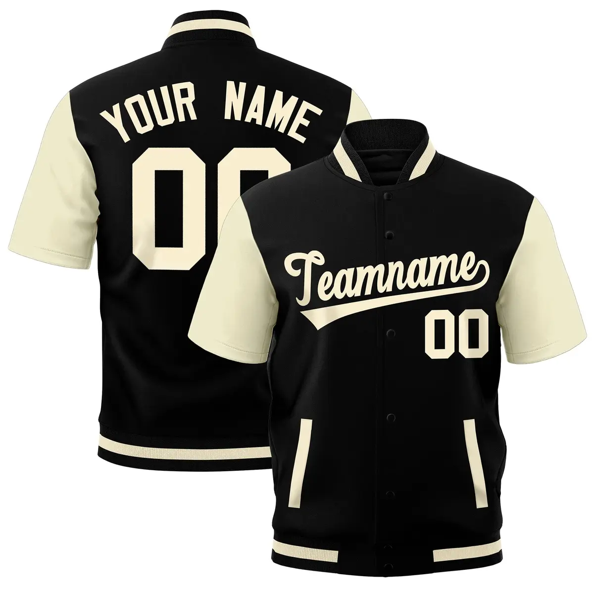 Cream Black Full-Snap Short Sleeve Varsity Jacket