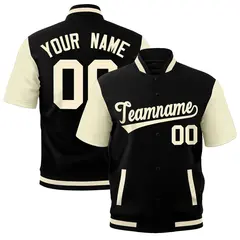 Cream Black Full-Snap Short Sleeve Varsity Jacket 1