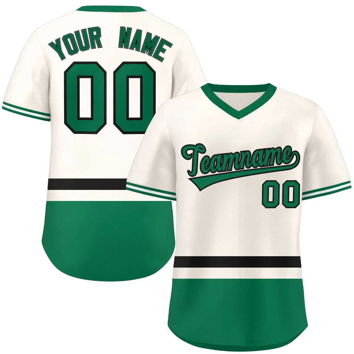 Cream Black-Kelly Green Color Block V-Neck Baseball Jersey