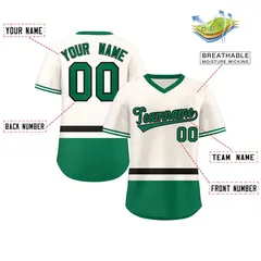 Cream Black-Kelly Green Color Block V-Neck Baseball Jersey 2