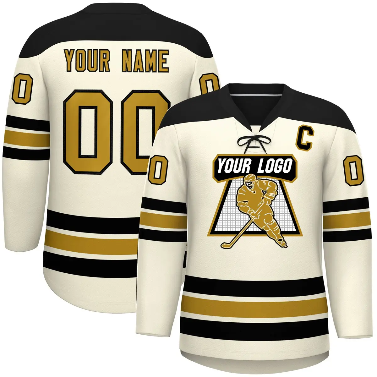 Cream Black Old Gold Classic Lace-Up Neck Hockey Jersey